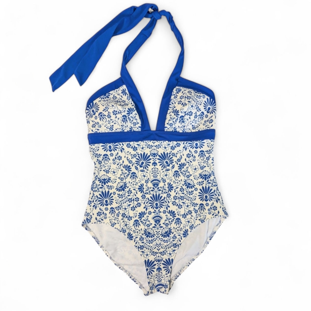 Boden Blue and White Floral One Piece Swimsuit